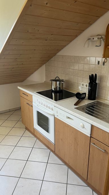 Küche mit Herd, Spüle, Spülmaschine, Backofen und Kühlschrank. Villa am Goldbach Bad Aibling.