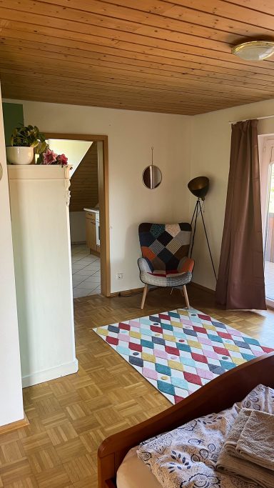 Heller Wohnraum mit Stuhl, buntem Teppich und Pflanzen auf einem Regal. Mit Blick in die Küche. Villa am Goldbach Bad Aibling.